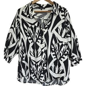 Rachel Zoe Womens Sz 2X Linen Blend Black White Palm Print Button Up Sleeve